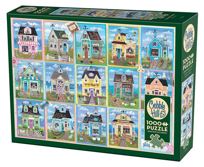 Cobble Hill puzzle box with colorful illustrations of houses on a white background