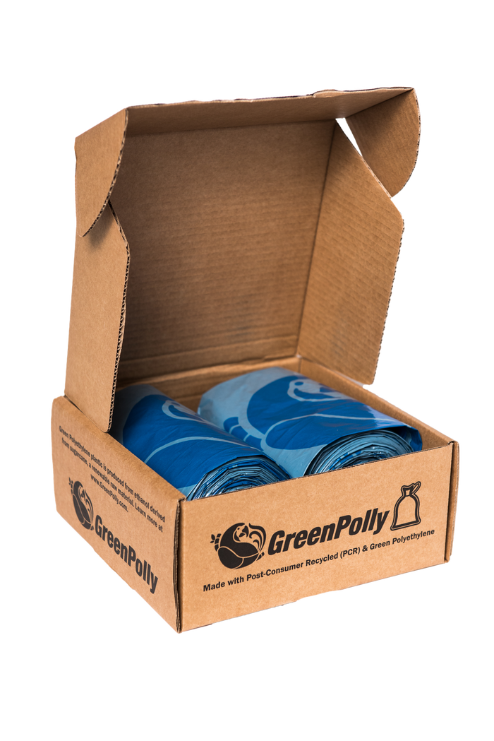 13 Gallon Opaque Gray Blue Tall Kitchen Drawstring Trash Bags, 100% Recycled Plastic-Brown Box Pack
