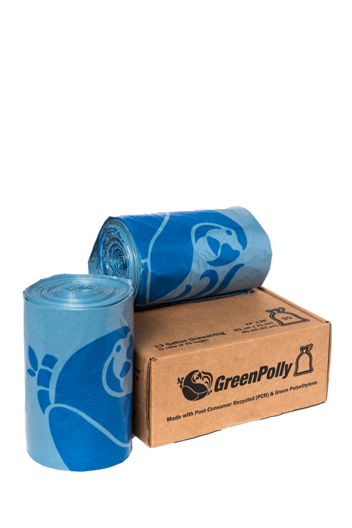 13 Gallon Opaque Gray Blue Tall Kitchen Drawstring Trash Bags, 100% Recycled Plastic-Brown Box Pack