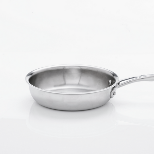 360 Cookware 7 inch stainless steel fry pan with polished interior and long handle on white background
