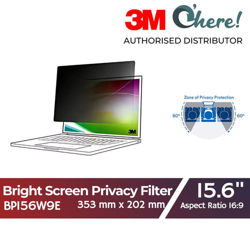 3M Bright Screen Privacy Filter for 15.6in Full Screen Laptop, 353mm x 202mm, 16:9, BP156W9E