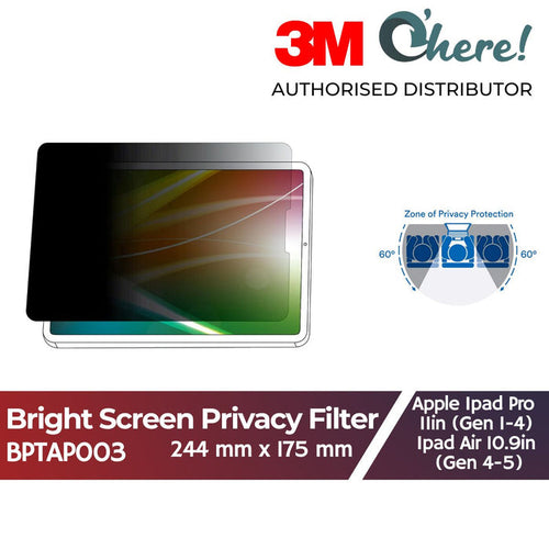 3M Bright Screen Privacy Filter for Apple iPad Pro 11in 1st Gen - M4, iPad Air 11in 4th Gen - M2, BPTAP003
