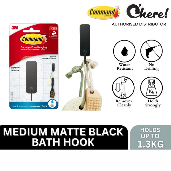 3M Command Bath Hook, Medium, Matte Black, 1 Hook 2 Strips per Pack, Bathroom Organization