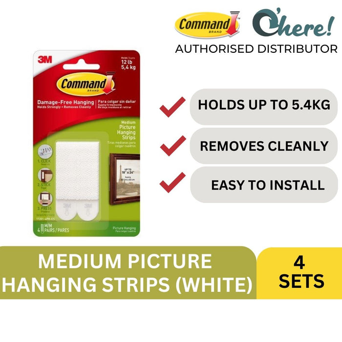 3M Command Medium Picture Hanging Strips (White), 4 Sets Of Strips / 1.4 Kg Per Set
