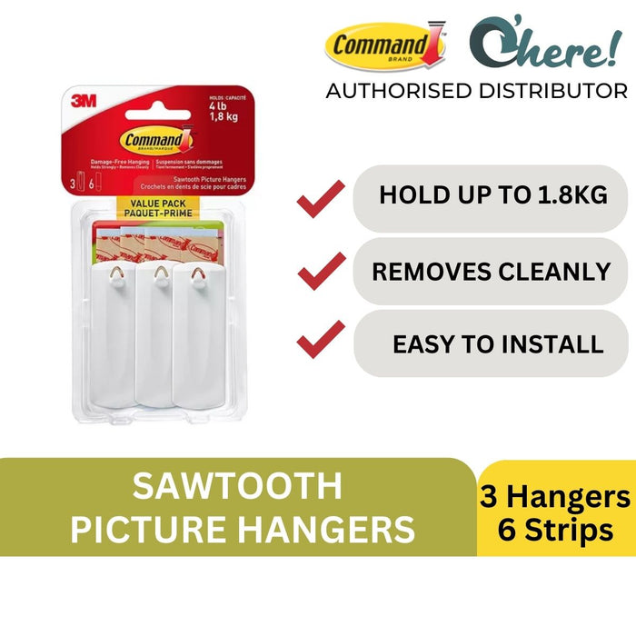 3M Command Sawtooth Picture Hanging Hooks Value Pack 3 Hangers, 6 Large Strips