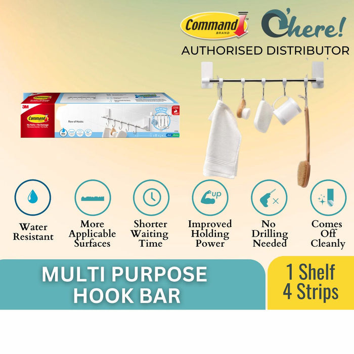 3M Command White Kitchen Organization Multi Purpose Hook Bar 17731 Holds Up to 4.5kg Kitchen Organization