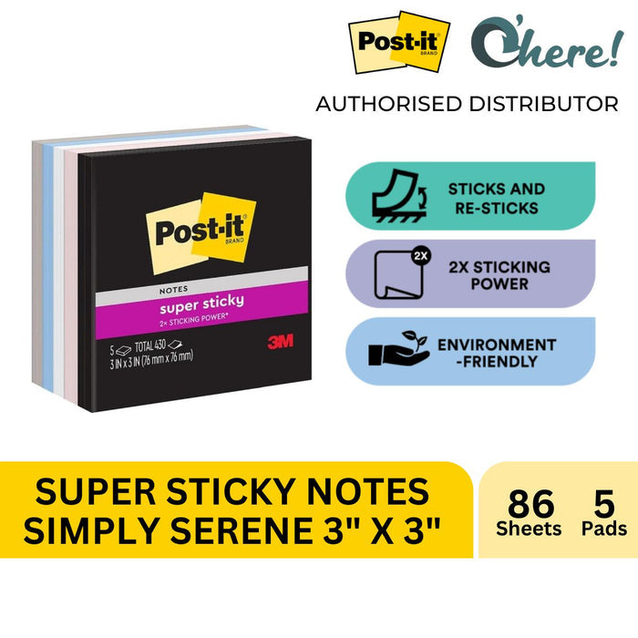 3M Post-it Super Sticky Notes Simply Serene, 3 in x 3 in, 5 Pads/Pack, 86 Sheets/Pad, 654-5SSNE