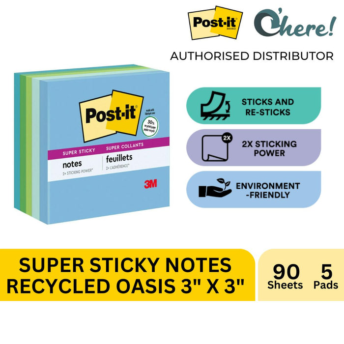 3M Post-it Super Sticky Recycled Notes, 3x3 in, 5 Pads, 90 Sheets/Pad, 30% Recycled Paper