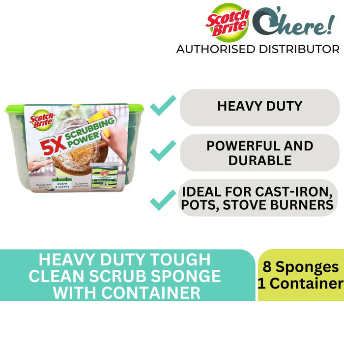 3M Scotch Brite Tough Clean Scrub Sponge Anti Bacterial With Container, 8 Sponges, 1 Container