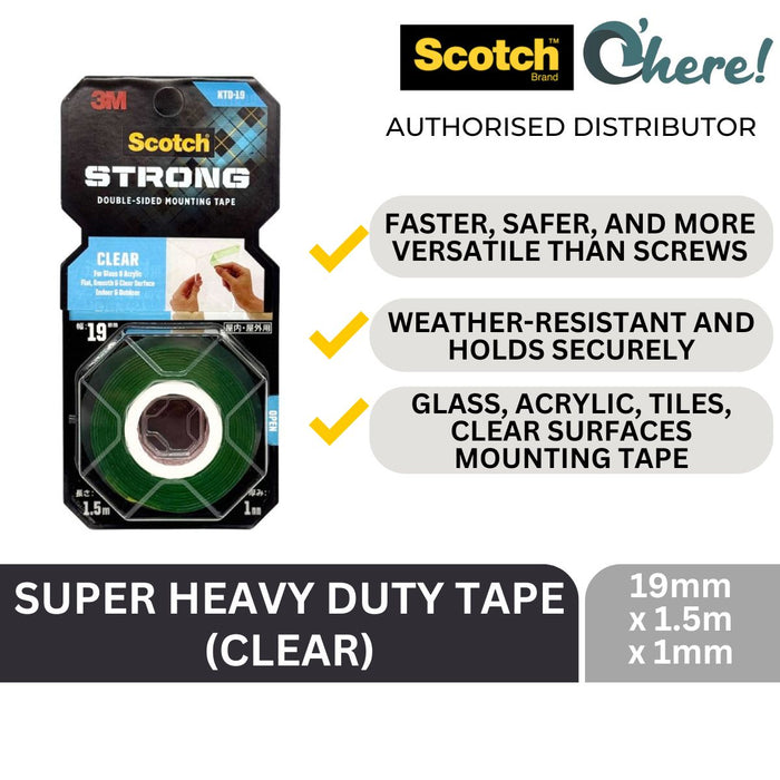3M Scotch Super Heavy Duty Tape for Glass & Acrylic - Flat, Smooth & Clear Surfaces Transparent 19 mm X 1.5 Meter