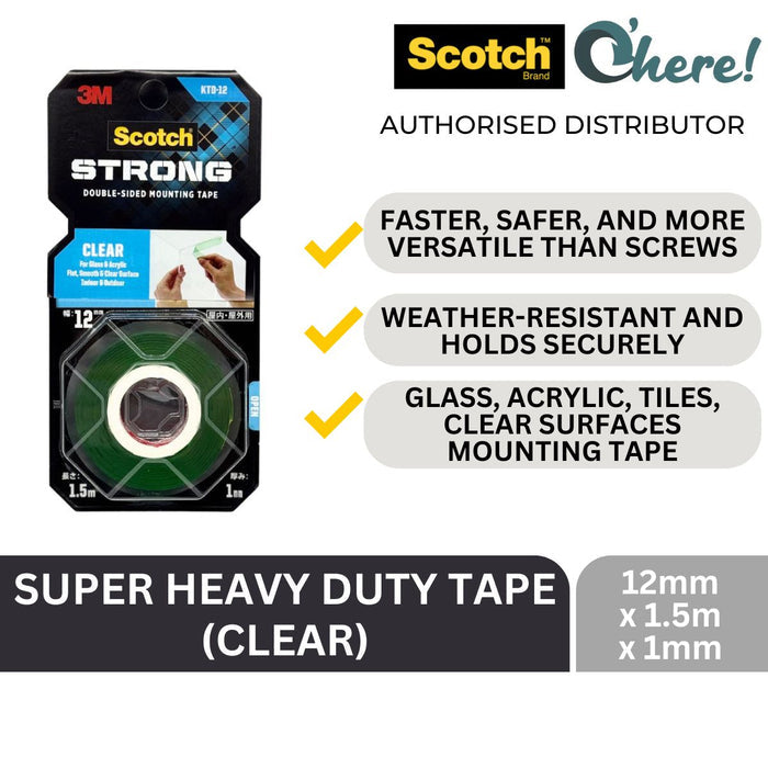 3M Scotch Super Heavy Duty Tape for Glass & Acrylic - Flat, Smooth & Clear Surfaces Transparent 12 mm X 1.5 Meter