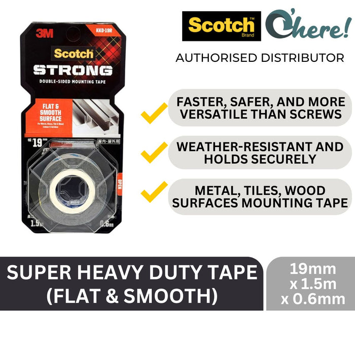 3M Scotch Super Heavy Duty Tape for Metal, Glass, Tiles & Woods, Flat & Smooth Surfaces 19 mm X 1.5 Meter