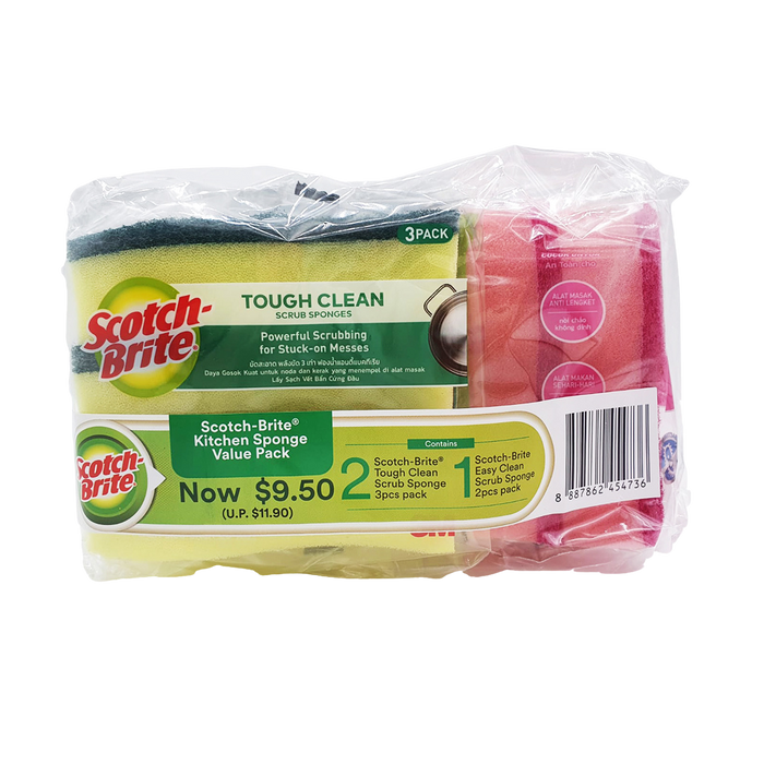 3M Scotchbrite 2In1 Anti-Bacterial Scrub Sponge (2 Packs, 6 Pcs) And Non Scratch Foam Scrub (1 Pack, 2 Pcs)