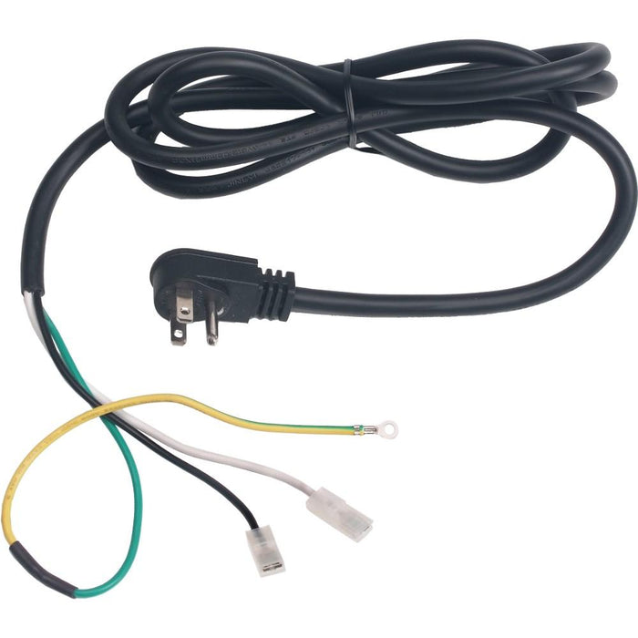Black AC power cord YN010 with three exposed color-coded wires and right-angle plug end isolated on white background
