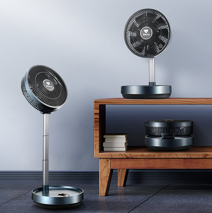 Airdog Flex Fan portable and foldable with black casing shown in three positions on wooden floor and shelf background