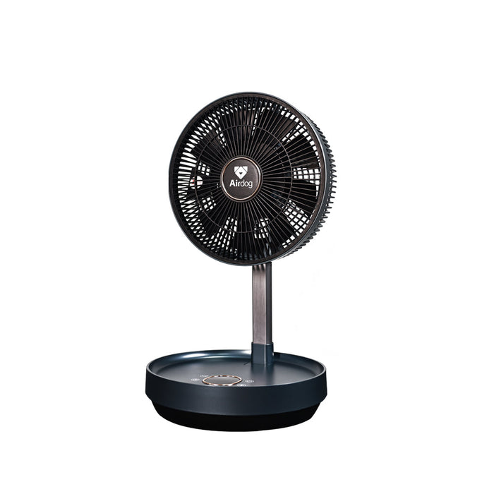 Airdog Flex Fan portable and foldable with black blades and round base with touch control panel isolated on white background