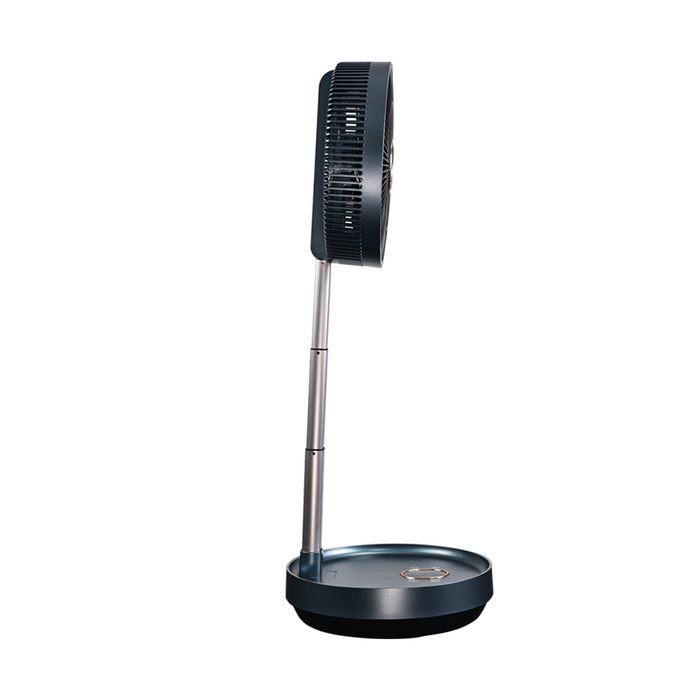 Side view of EdenPURE Airdog Flex Fan with telescopic stand and circular base in black finish isolated on white background