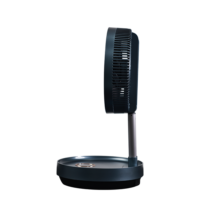 Side view of black Airdog Flex Fan from EdenPURE with adjustable height and circular base on white background
