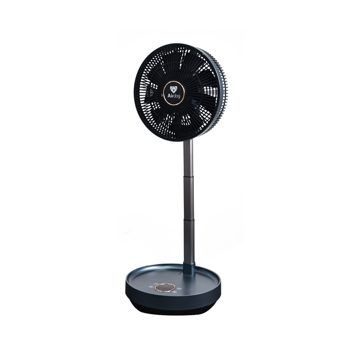 Airdog Flex Fan portable black standing fan with telescoping pole and touch control panel on base isolated on white background