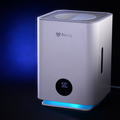 Refurbished Airdog Mist Free Room Humidifier with digital humidity display and blue LED base light on black background