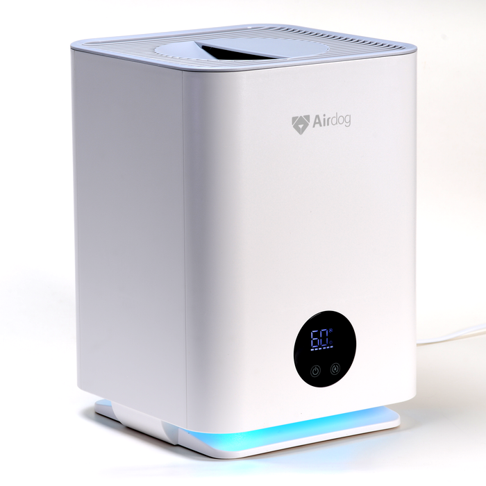 Airdog Mist Free Room Humidifier refurbished white unit with digital display and blue base light on white background