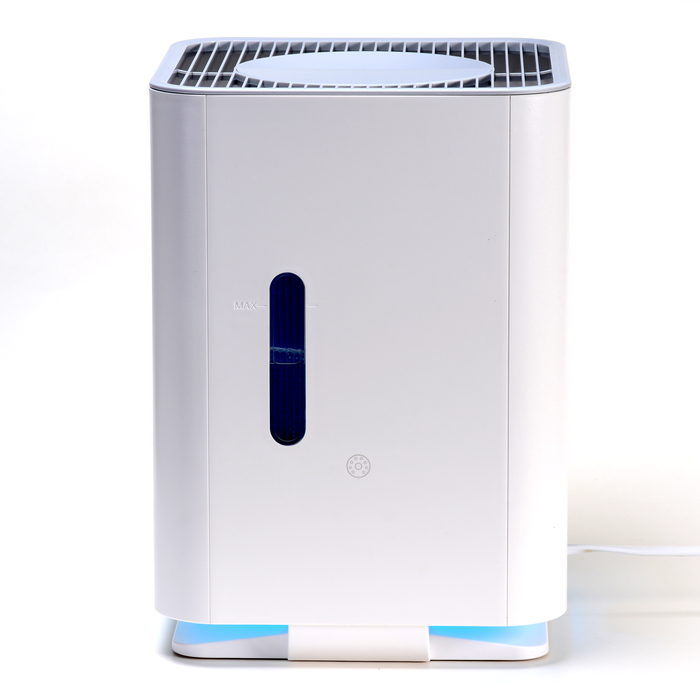 Airdog Mist Free Room Humidifier refurbished model in white with water level indicator and blue base light on white background