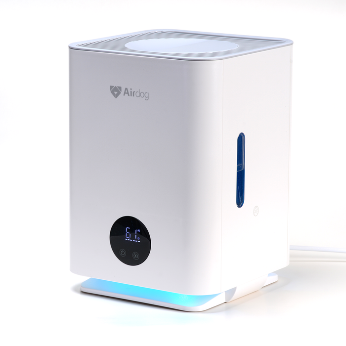Airdog Mist Free Room Humidifier refurbished white unit with digital display and blue LED light on white background