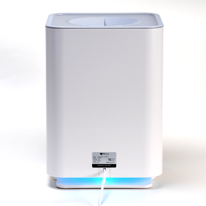 Airdog Mist Free Room Humidifier refurbished model in white with blue light on bottom and power cord plugged in