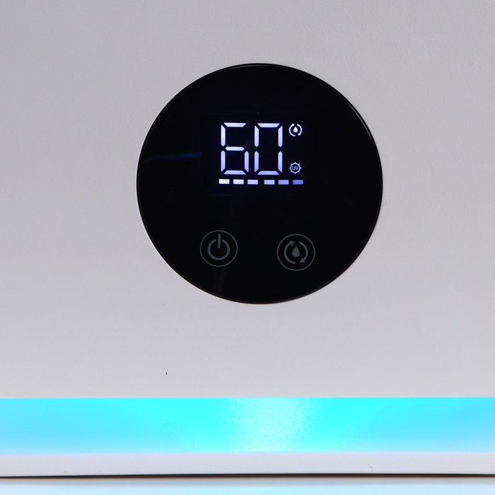 Close-up of Airdog Mist Free Room Humidifier digital control panel showing humidity setting and blue LED light below
