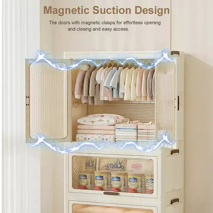 GustoWave 4-Tier Kids Wardrobe Closet - Portable Kids Closet with Doors & Wheels - Collapsible Baby Clothes Organizer with Hanging Rod & 10 Hangers