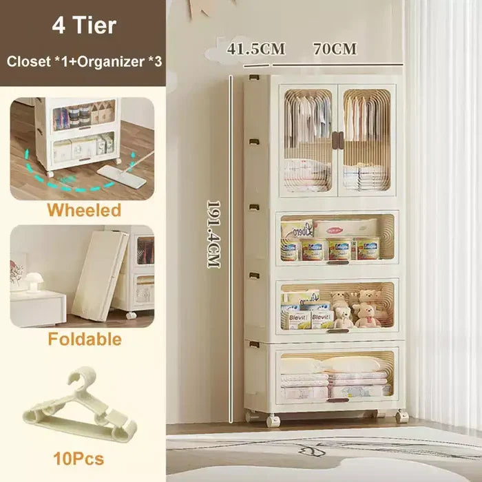 GustoWave 4-Tier Kids Wardrobe Closet - Portable Kids Closet with Doors & Wheels - Collapsible Baby Clothes Organizer with Hanging Rod & 10 Hangers