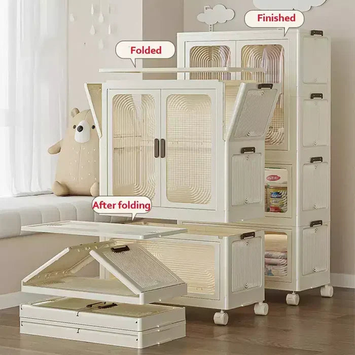 GustoWave 4-Tier Kids Wardrobe Closet - Portable Kids Closet with Doors & Wheels - Collapsible Baby Clothes Organizer with Hanging Rod & 10 Hangers