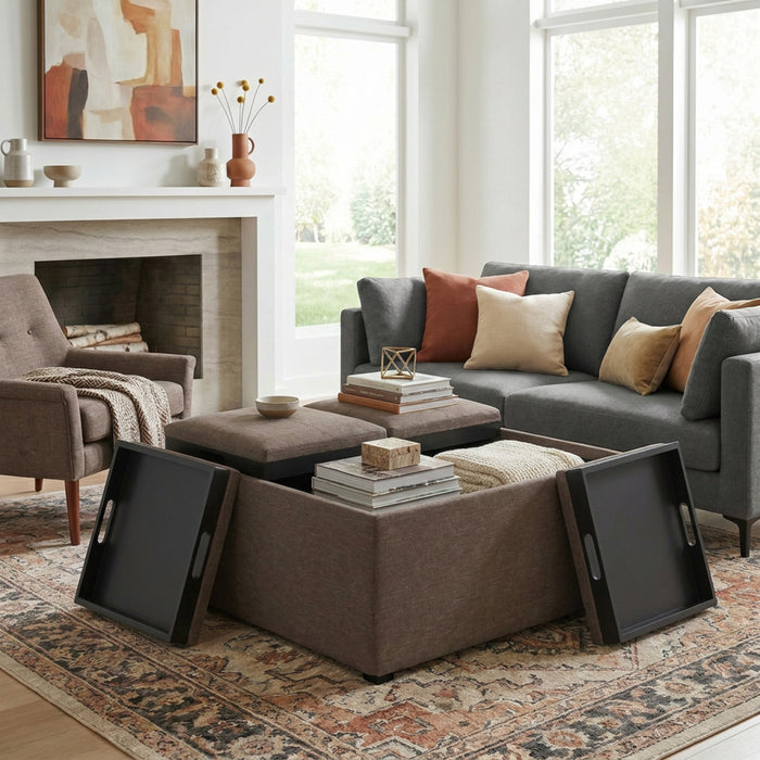 Fawn Brown Linen Style Fabric | Avalon Table Ottoman in Linen