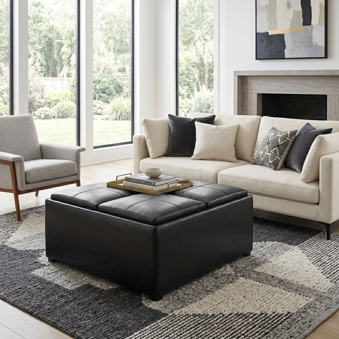 Midnight Black Vegan Leather | Avalon Table Ottoman in Vegan Leather