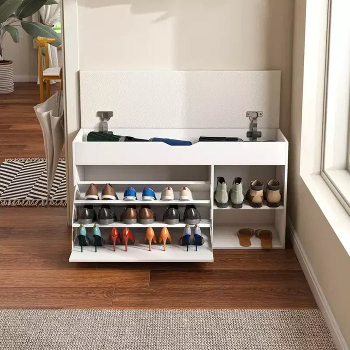 EHMKNP Entryway Bench with Shoe Storage, 3-Tier Flip-Up Drawers, Hidden Cabinet, Space-Saving Organizer for Hallway or Living Room