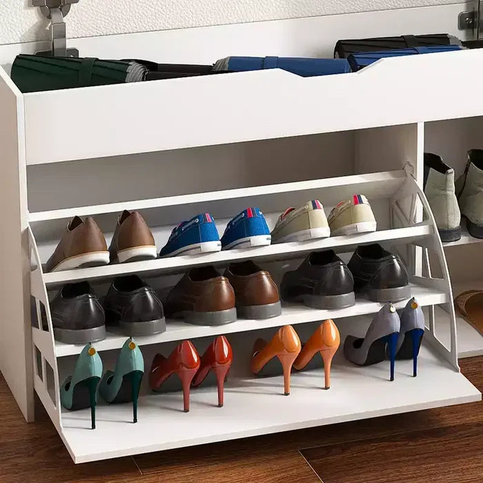 EHMKNP Entryway Bench with Shoe Storage, 3-Tier Flip-Up Drawers, Hidden Cabinet, Space-Saving Organizer for Hallway or Living Room