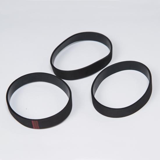 Three black Bio SpeedCLEAN replacement belts for vacuum cleaner on white background
