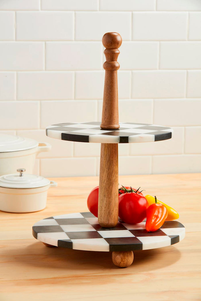 Black & White Check Tiered Marble Server