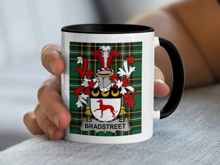 Bradstreet Irish family crest accent mug with black handle on Irish National Tartan