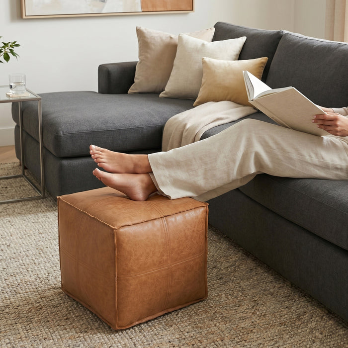 Distressed Camel Brown Distressed Vegan Leather | Brody Square Pouf