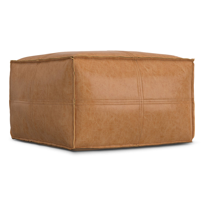 Distressed Camel Brown Distressed Vegan Leather | Brody 24 inch Square Top Stich Pouf in Distressed Vegan Leather