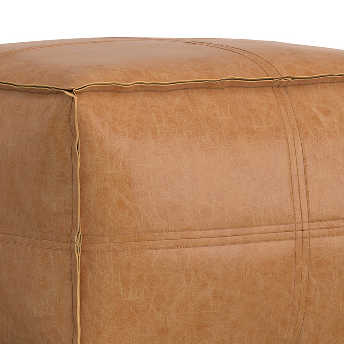 Distressed Camel Brown Distressed Vegan Leather | Brody 24 inch Square Top Stich Pouf in Distressed Vegan Leather