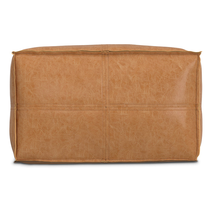 Distressed Camel Brown Distressed Vegan Leather | Brody 24 inch Square Top Stich Pouf in Distressed Vegan Leather