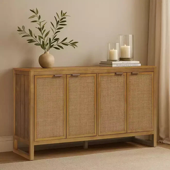 Hatteras Modern Boho 4-Door Sideboard with Solid Wood & Natural Rattan Accents-Teamson Home