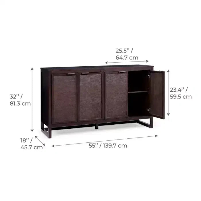 Hatteras Modern Boho 4-Door Sideboard with Solid Wood & Natural Rattan Accents-Teamson Home