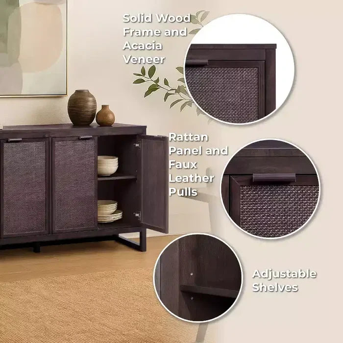 Hatteras Modern Boho 4-Door Sideboard with Solid Wood & Natural Rattan Accents-Teamson Home