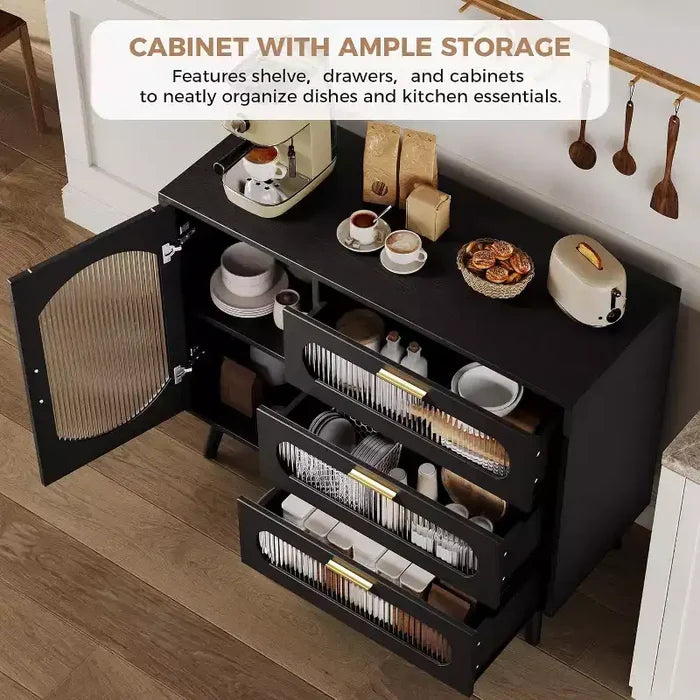 COZONY Sideboard Buffet Cabinet with Fluted Glass Doors, Modern Storage Cabinet with Drawers for Dining Room, Kitchen, and Entryway Organization