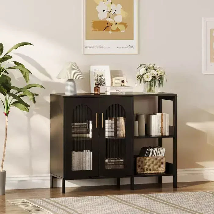 Modern Wooden Buffet Sideboard Cabinet with Glass Doors, Storage Cabinet with Adjustable Shelves for Kitchen, Dining Room & Living Room