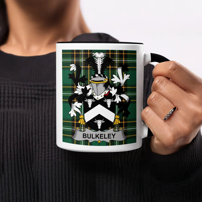 Bulkeley family crest mug on Irish National Tartan