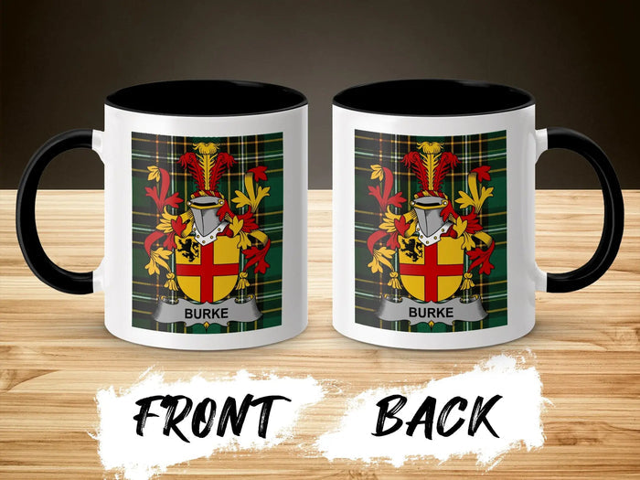 Front and back views of the black-accent Burke mug, with the surname design printed on both sides.